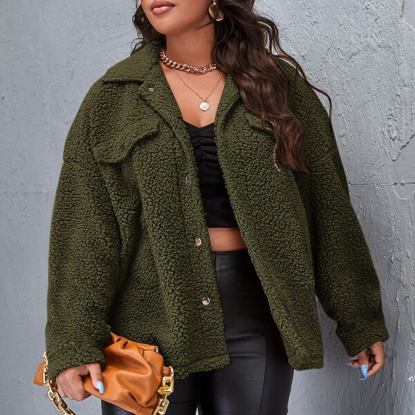 

Plus Drop Shoulder Teddy Coat, Army green