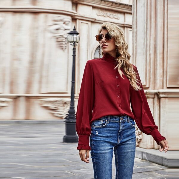 

Stand Collar Bishop Sleeve Button Up Blouse, Burgundy