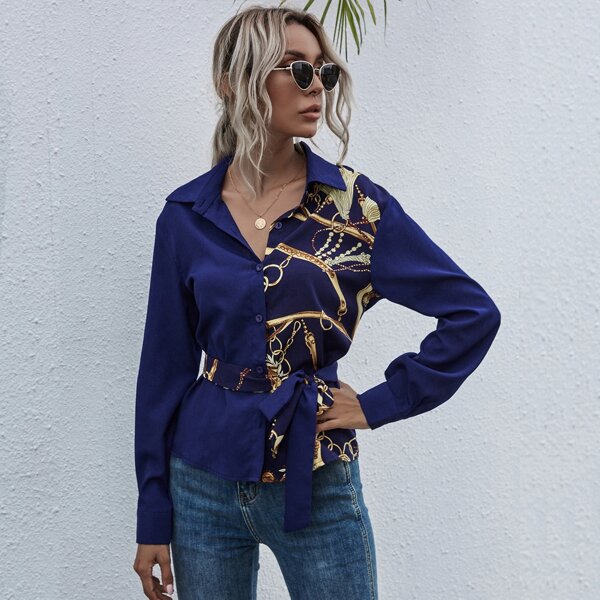 

Chain Print Self Tie Button Front Blouse, Navy blue