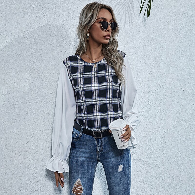 

Contrast Flounce Sleeve Plaid Top, Black and white