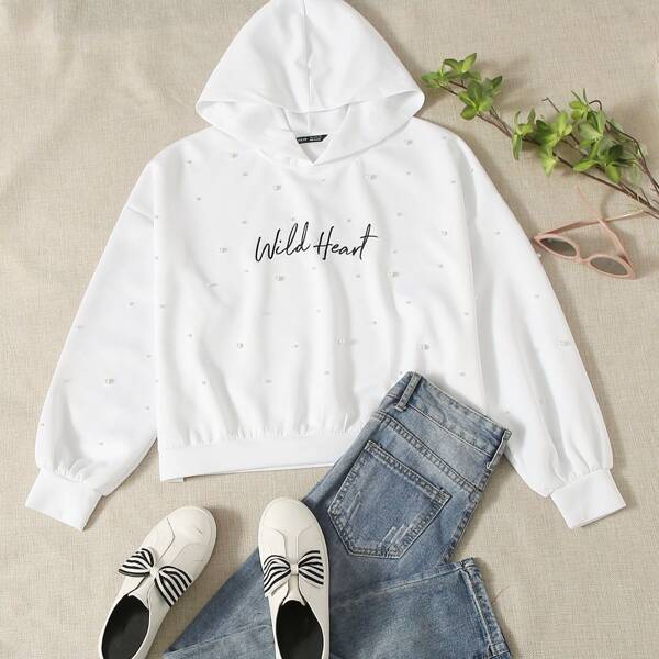 

Pearl Beaded Drop Shoulder Lantern Sleeve Hoodie, White