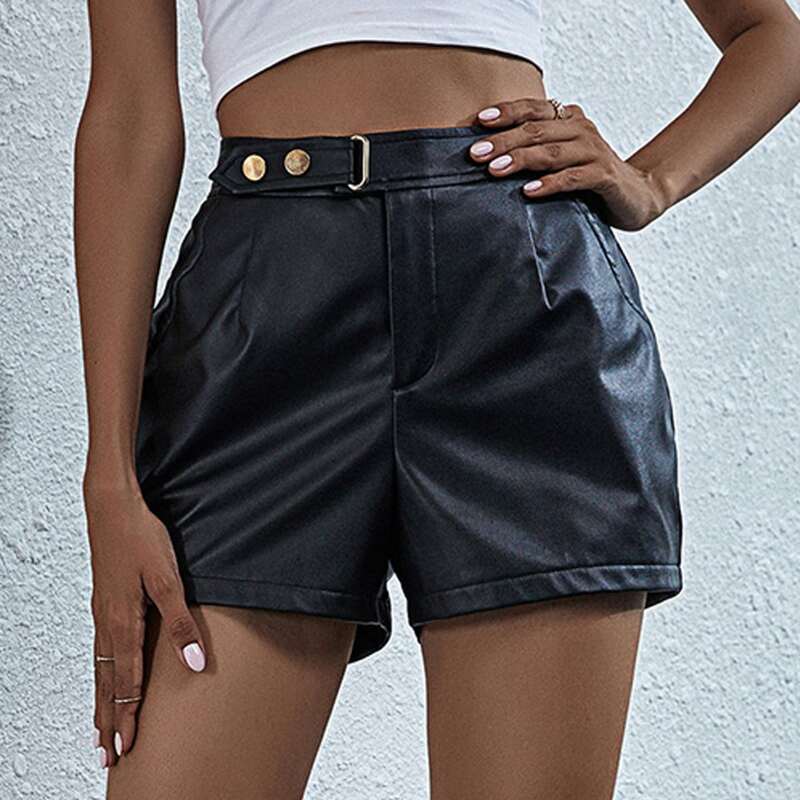 

PU Popper Tape Wide Leg Shorts, Black