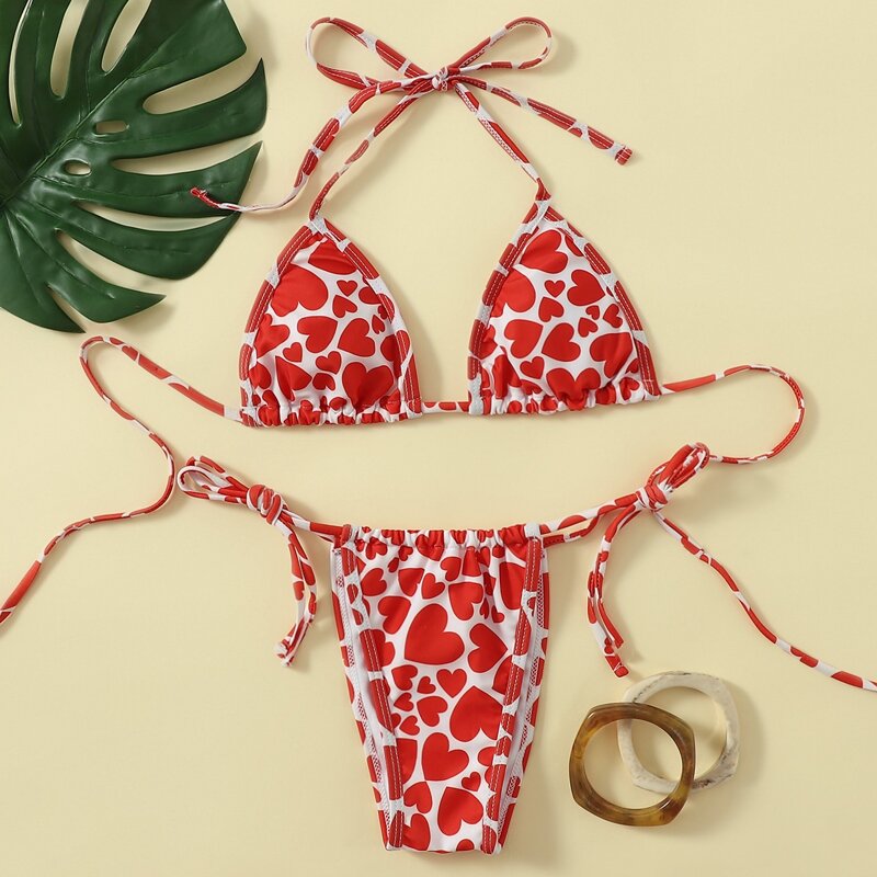 

Heart Print Triangle Thong Bikini Swimsuit, Multicolor