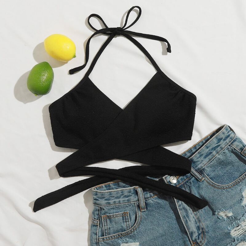 

Wrap Halter Bikini Top, Black
