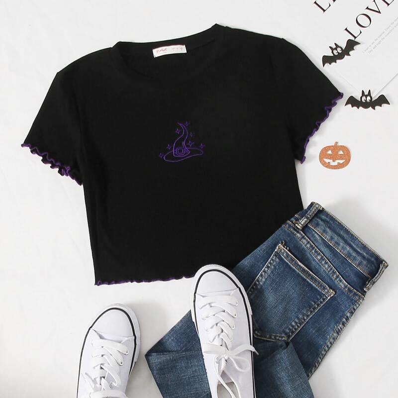 

Hat Embroidery Lettuce Trim Crop Tee, Black