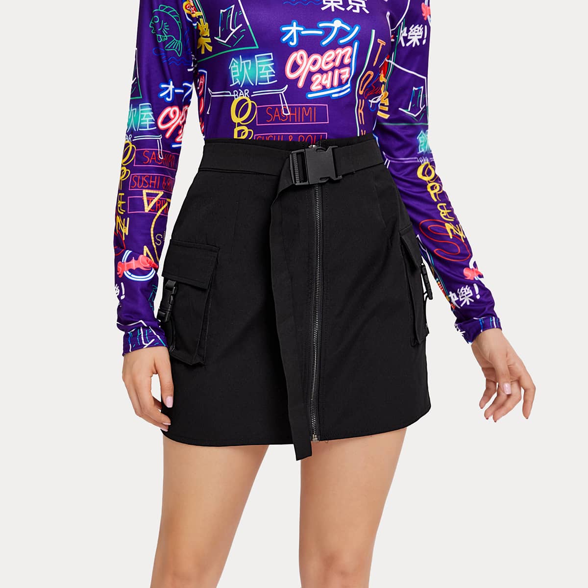

Cargo Pocket Belted Zip Skirt, Black