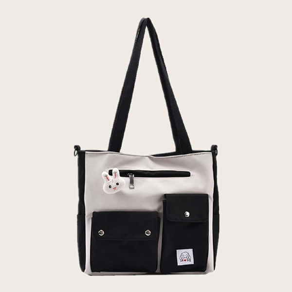 

Dual Pocket Front Canvas Tote Bag, Black and white