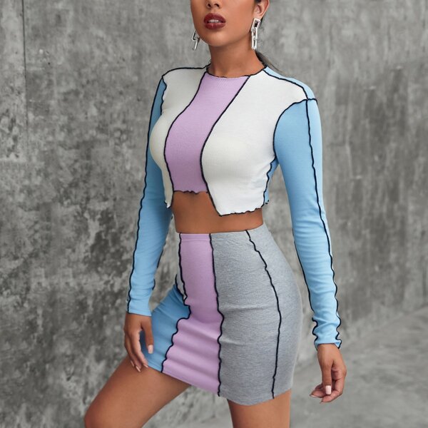 

Contrast Stitch Colorblock Crop Tee & Skirt Set, Multicolor