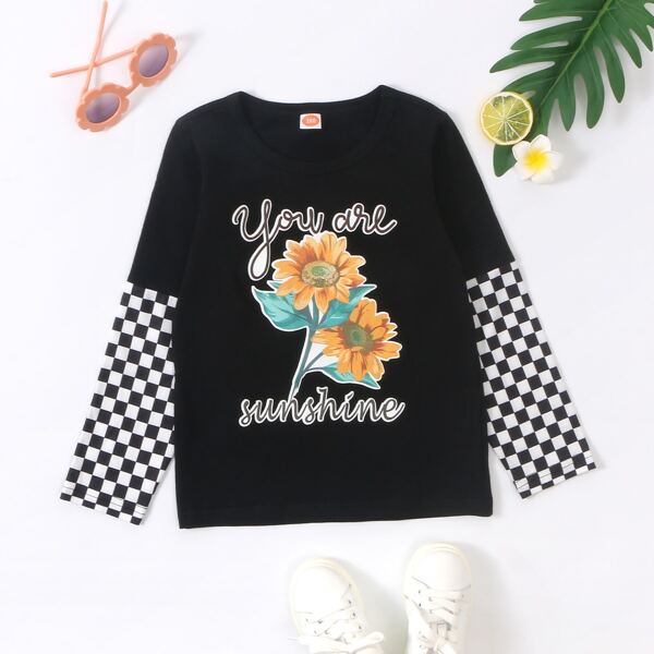 

Toddler Girls Floral Print Contrast Plaid Sleeve Tee, Black
