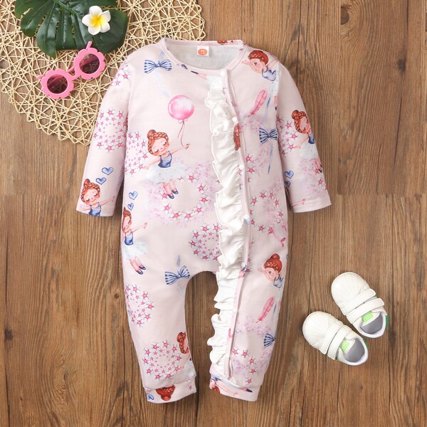 

Baby Girl Cartoon Graphic Ruffle Trim Jumpsuit, Baby pink