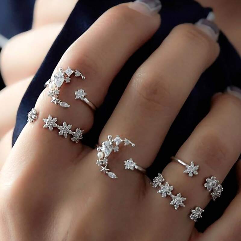 

5pcs Rhinestone Moon & Floral Ring, Silver