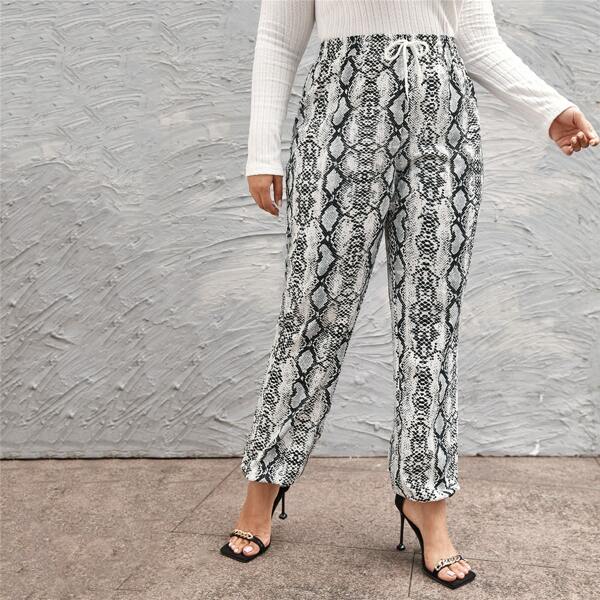 

Plus Snakeskin Print Drawstring Waist Pants, Multicolor