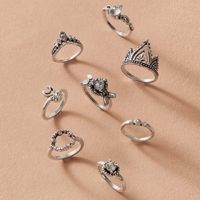 

9pcs Rhinestone Waterdrop Ring, Silver