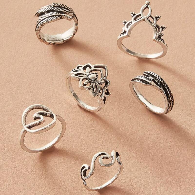 

6pcs Floral & Leaf Ring, Silver
