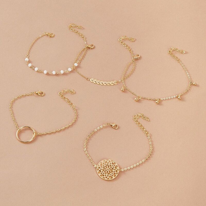 

5pcs Floral Coin Chain Bracelet, Gold