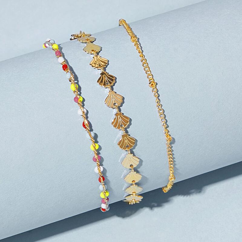 

3pcs Shell Beaded Anklet, Gold