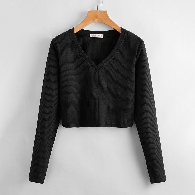 

Solid Ribbed Crop Tee, Black
