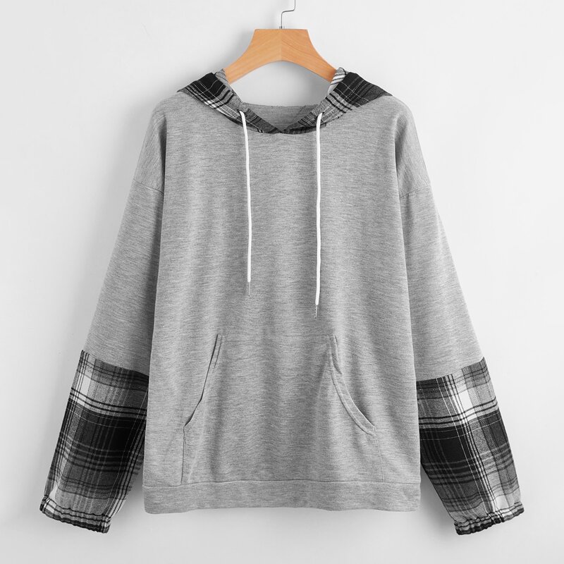 

Contrast Plaid Drawstring Hoodie, Multicolor