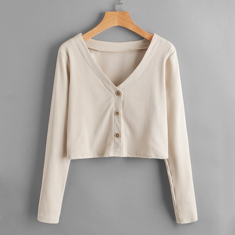 

Solid Button Front Crop Tee, Beige