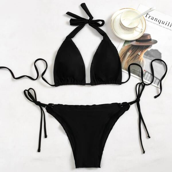 

Triangle Halter Tie Side Bikini Swimsuit, Black