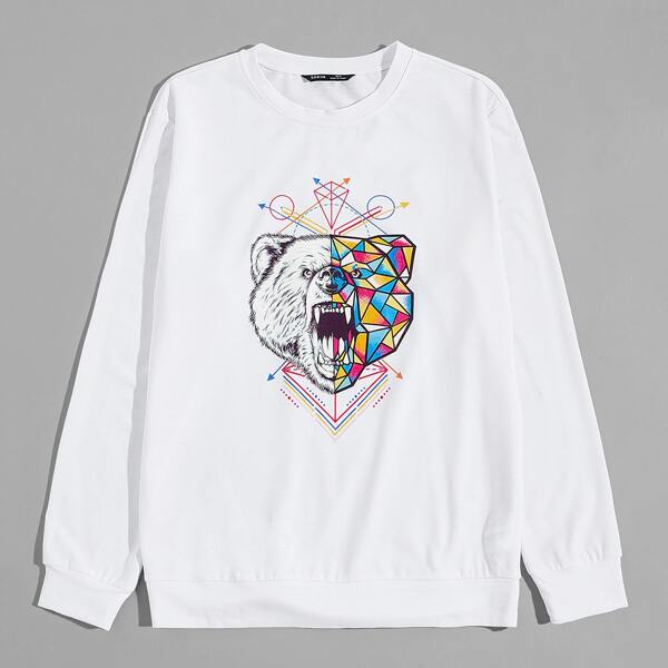 

Men Geo and Bear Print Pullover, White
