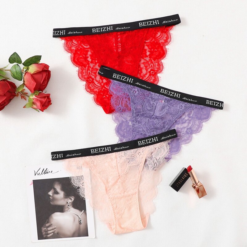 

3pack Floral Lace Letter Tape Panty Set, Multicolor