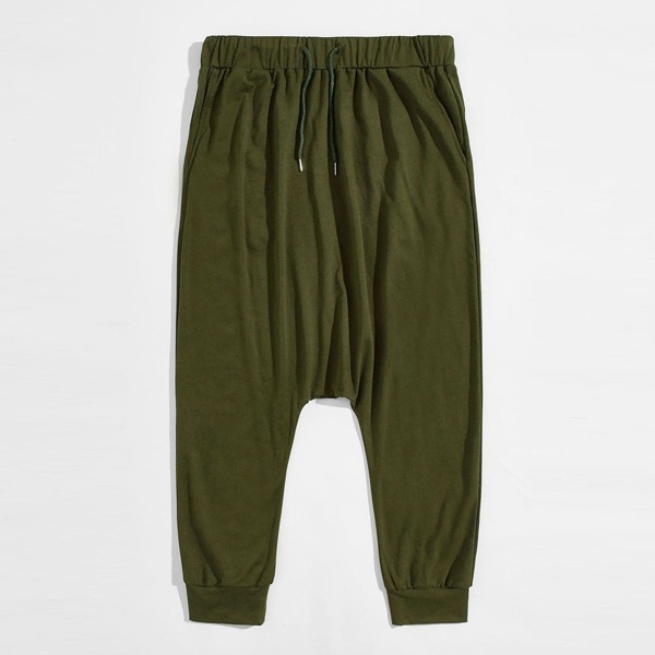 

Men Drawstring Waist Solid Harem Pants, Army green