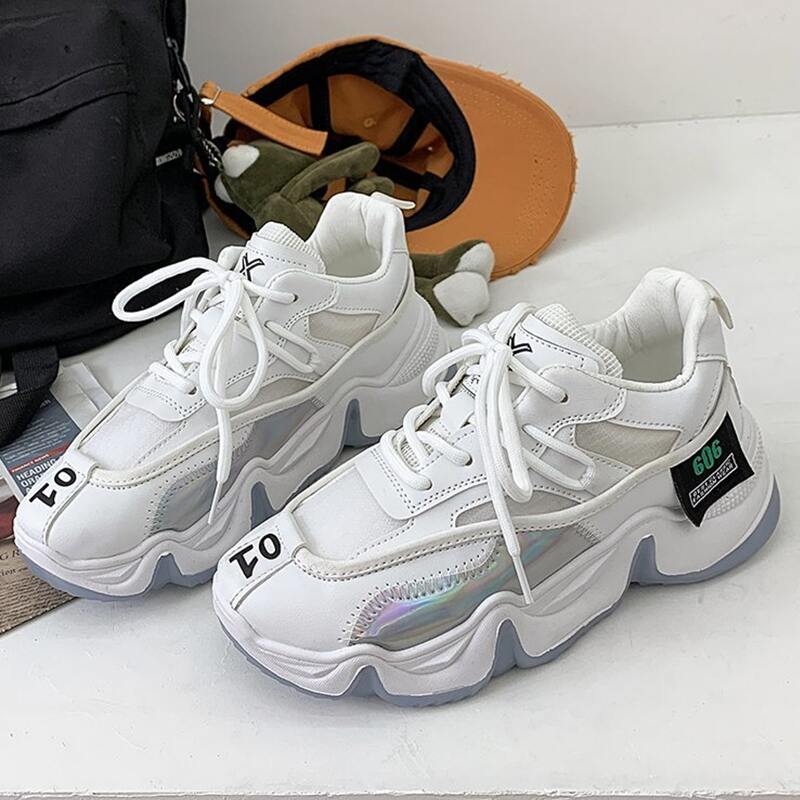 

Holographic Lace-up Chunky Sneakers, White