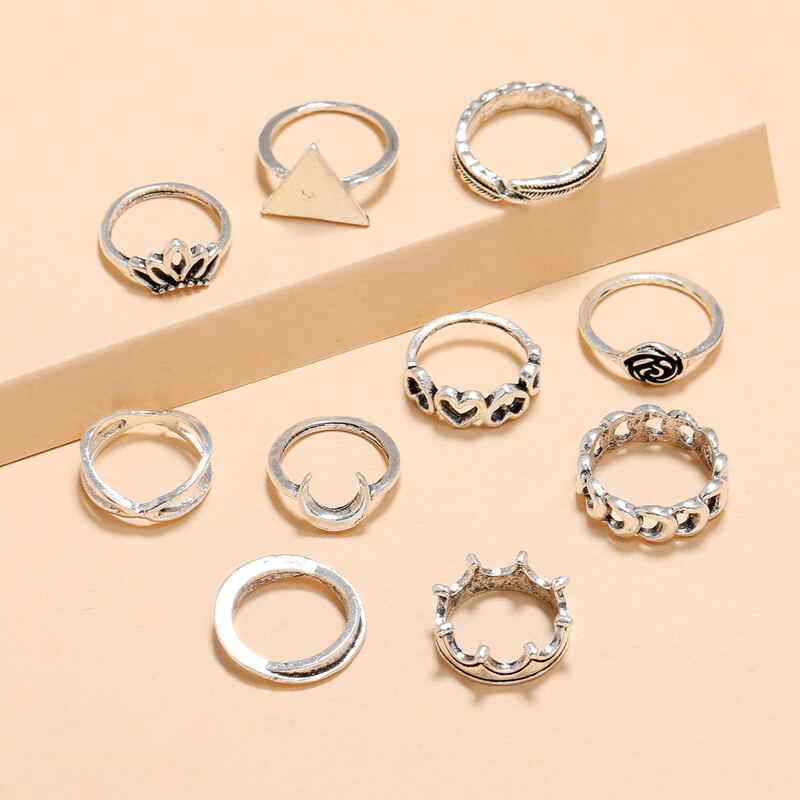 

10pcs Heart & Geo Ring, Silver