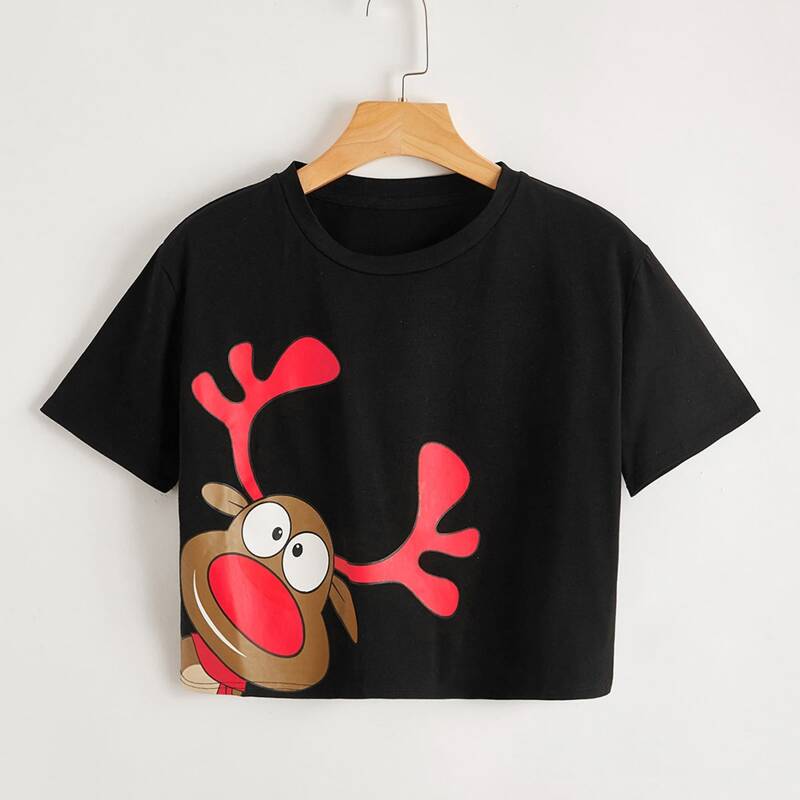 

Christmas Deer Graphic Crop Tee, Black