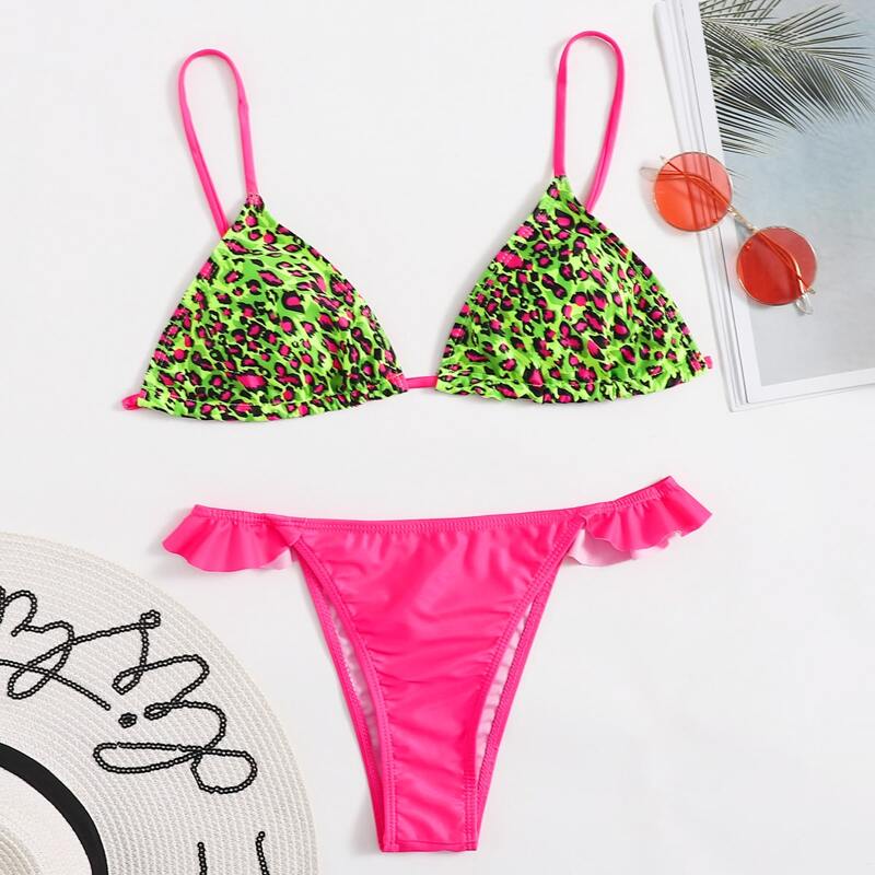 

Leopard Ruffle Trim Thong Bikini Swimsuit, Multicolor