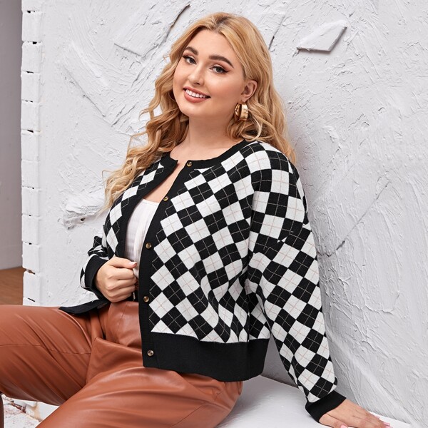 

Plus Argyle Pattern Button Front Cardigan, Black and white