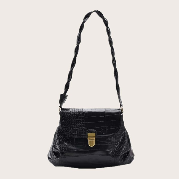 

Croc Embossed Push Lock Shoulder Bag, Black
