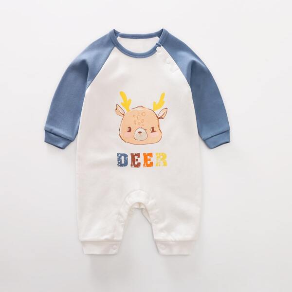 

Baby Boy Dear Print Contrast Raglan Sleeve Jumpsuit, Blue and white