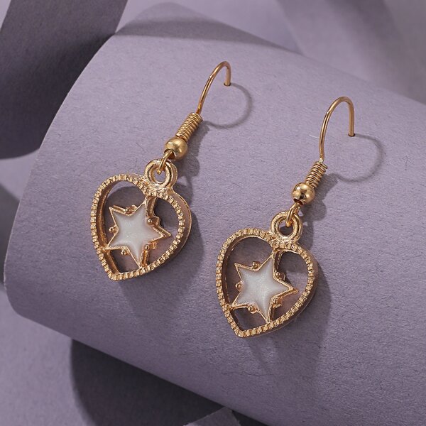 

Star Decor Heart Drop Earrings, Gold