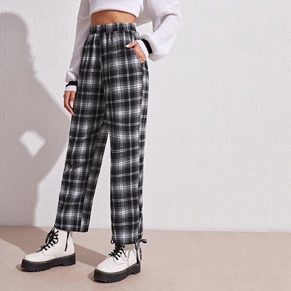 

High Waist Drawstring Hem Tartan Pants, Black and white