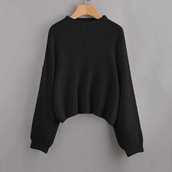 

Drop Shoulder Ribbed Knit Solid Sweater, Black