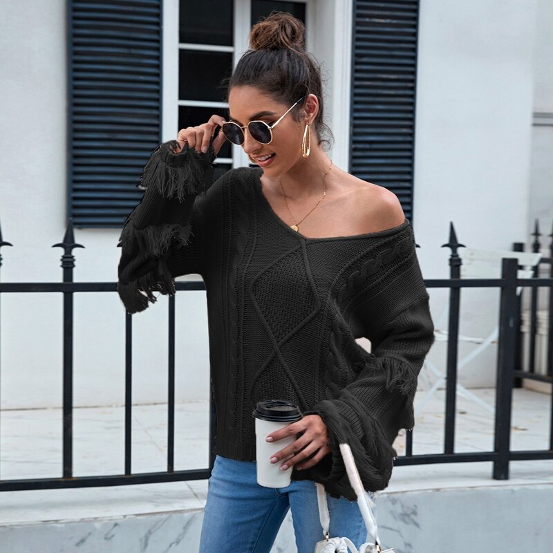 

Fringe Trim Cable Knit Sweater, Black