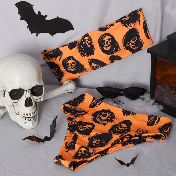 

Halloween Skull Bandeau High Waisted Bikini Swimsuit, Orange