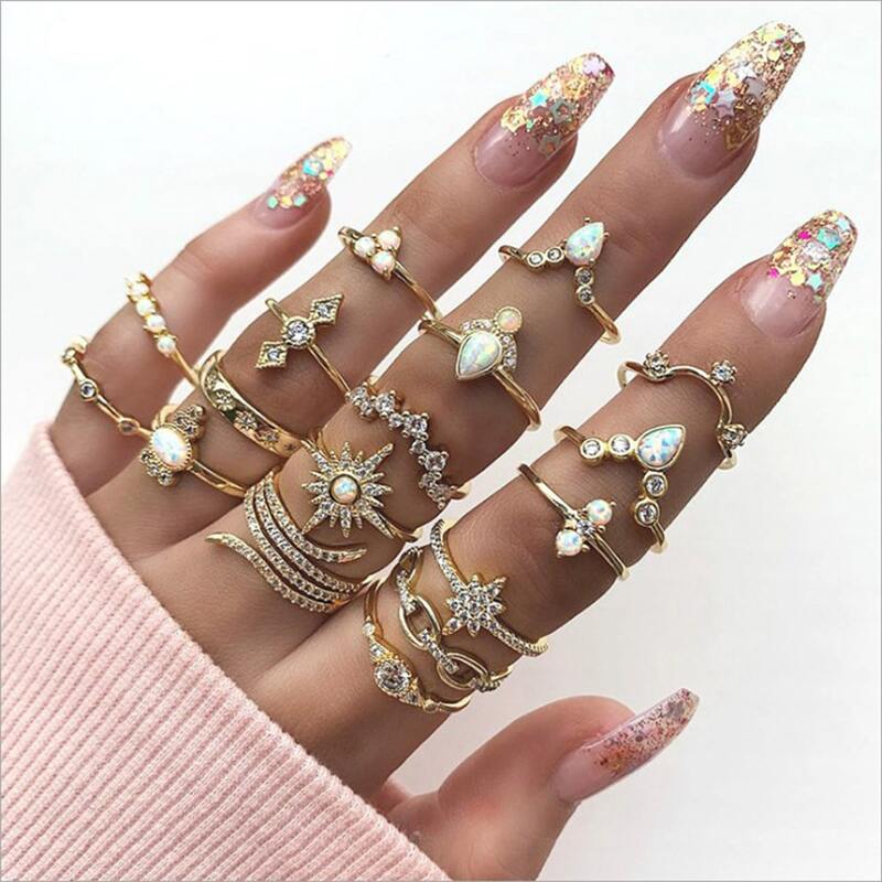 

17pcs Rhinestone Ring, Gold