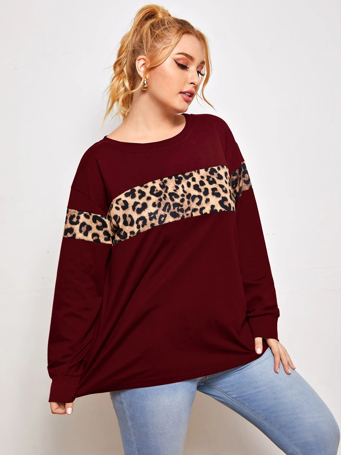 leopard panel drop shoulder sweatshirt