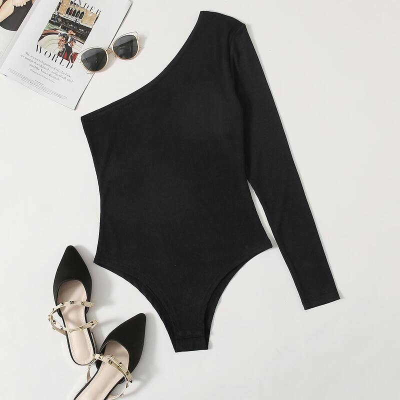 

Solid One Shoulder Bodysuit, Black