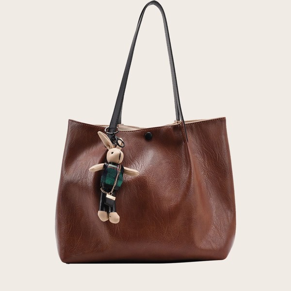 

Minimalist Tote Bag With Cartoon Bag Charm, Chocolate brown