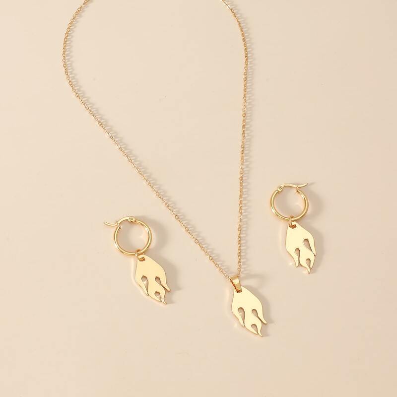 

1pair Flame Hoop Earrings & 1pc Necklace, Gold