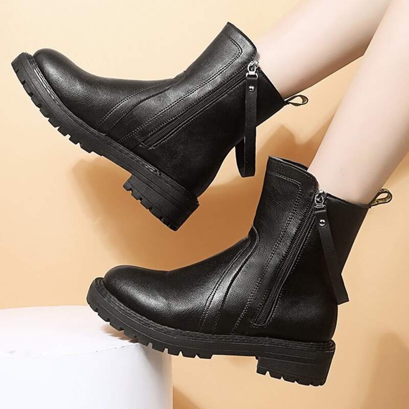 

Solid Zip Ankle Boots, Black