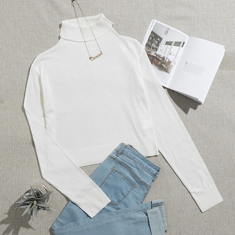 

Solid High Neck Knit Sweater, White