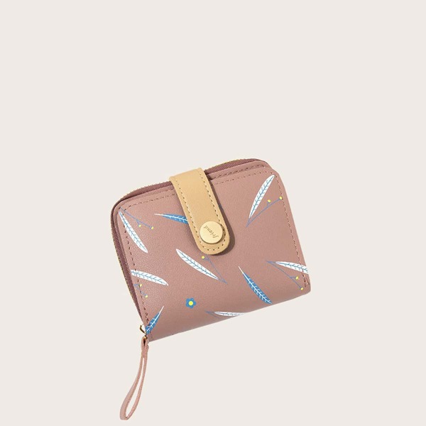 

Leaf Graphic Zipper Around Purse, Pink