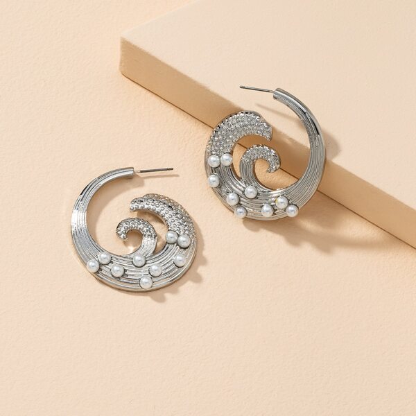 

Faux Pearl Ribbed Hoop Earrings, Silver