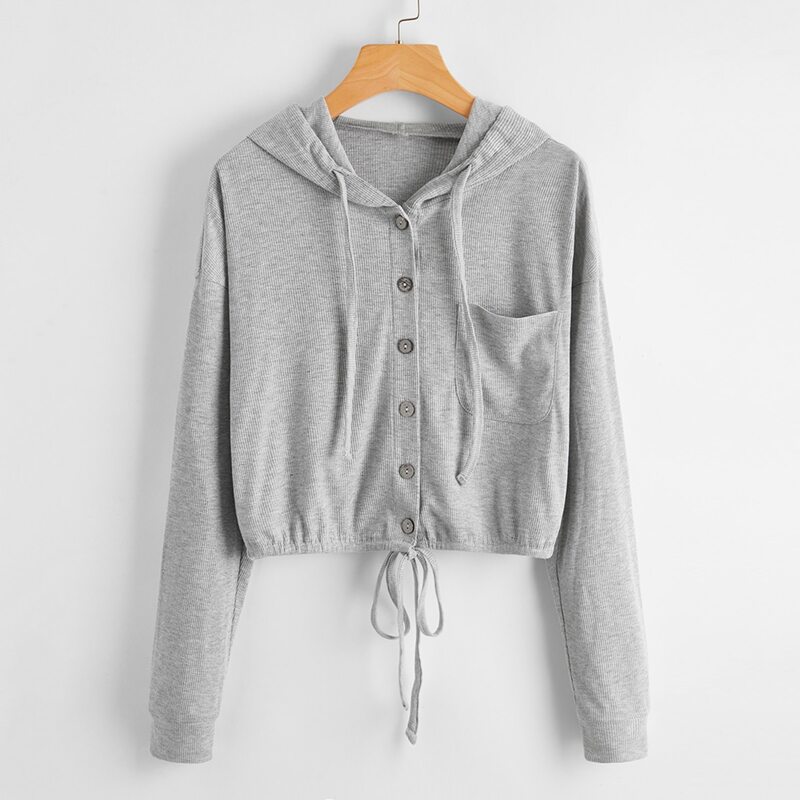 

Pocket Front Drawstring Hooded Jacket, Light grey