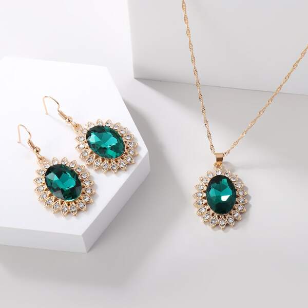 

3pcs Rhinestone Decor Jewelry Set, Green
